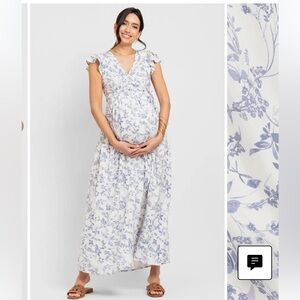 NWT Seraphine Maternity Blue and White Flutter Sleeve Wrap Dress